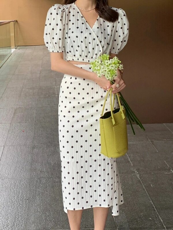 Summer Elegant Slim Women Two Pieces Set Fashion Polka Dot Tops High Waist Skirts Suit Femme Bodycon Vintage Business Outfits
