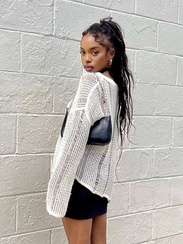 Женский вязаный свитер с вырезами Rockmore, белый Повседневный Свободный пуловер в сеточку, уличная одежда в винтажном стиле, Y2K, 2019
