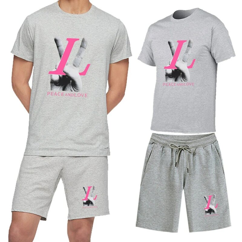 Camisa de treino dos homens de verão paz e amor imprimir manga curta algodão + shorts 2 pcs roupas de moda masculina roupas esportivas tendência nova