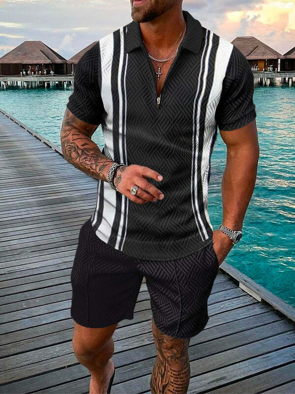 Męska nowa wysokiej jakości koszulka sportowa z krótkim rękawem Zip Polo + zestaw szortów męskie casualowe w stylu Streetwear 2 sztuka lato 2022