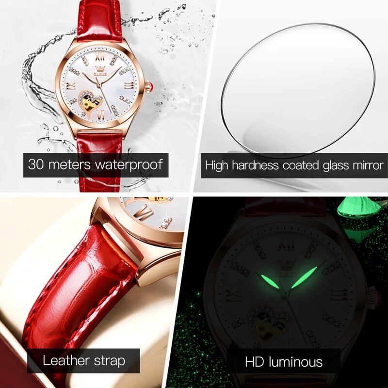 OLEVS Full-automatic Fashion Women Wristwatch Automatic Mechanical Waterproof Corium Strap Watch for Women Luminous