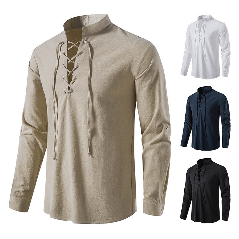 2023 nova masculina casual blusa de algodão camisa de linho topos manga longa camiseta primavera outono inclinada placket camisas yoga vintage