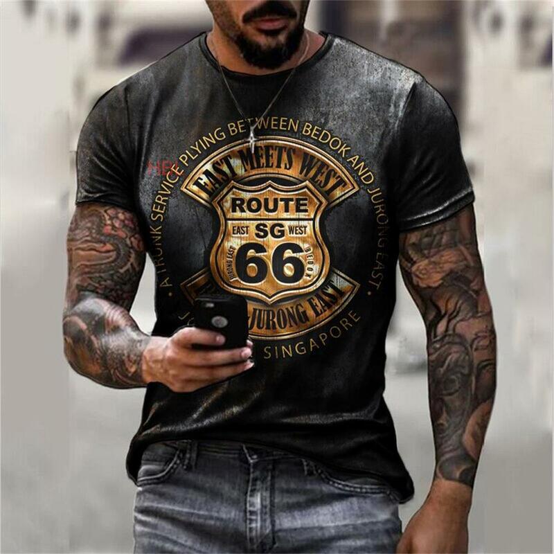 Camiseta masculina de manga curta, over, over, tamanho grande, vintage, moda americana, com route de 66 letras, verão