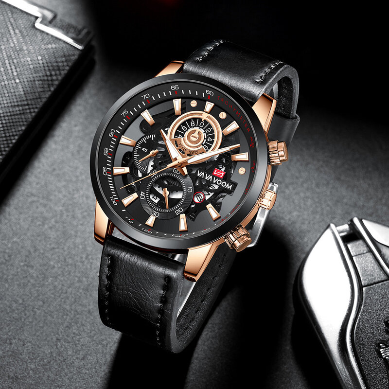 Preto ouro masculino negócios não automático mecânico multifuncional relógio esportivo relógio luminoso calendário cinto relógio