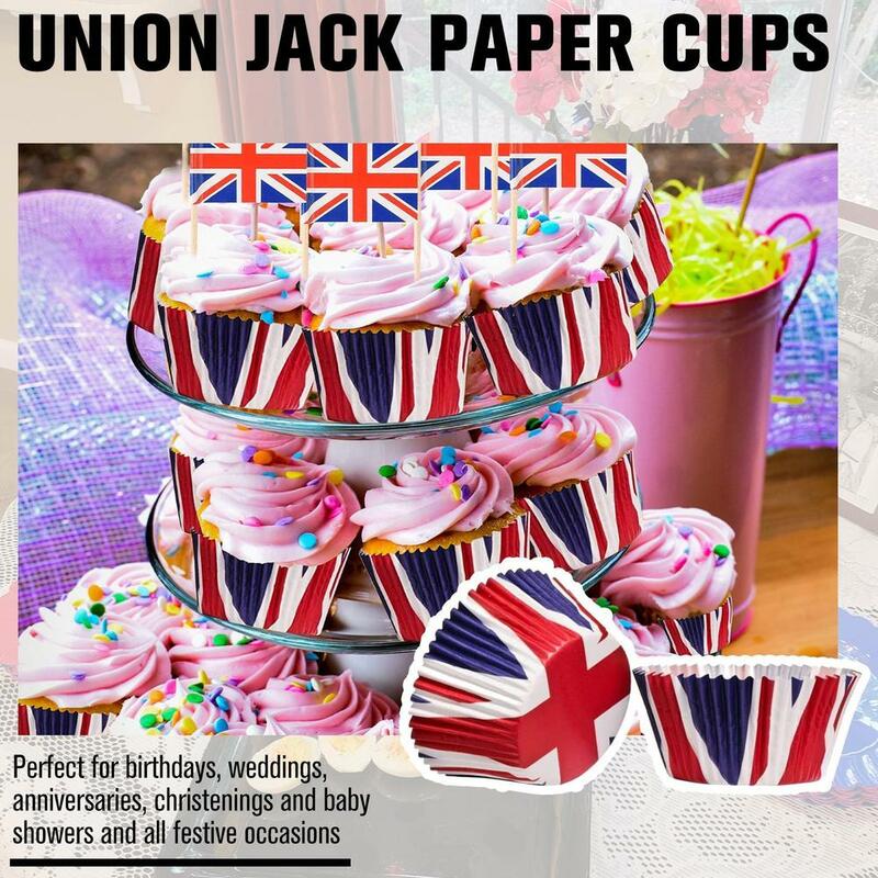 50/100 Stuks Creatieve Gebakken Cake Cups Britse Vlag Stijl Diy Papier Cup Queen Platinum Jubilee Party Uk Union Jack Papieren Bekers