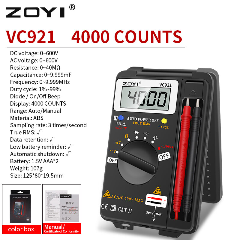 Zoyi vc921 bolso estilo multímetro digital 4000 contagens T-RMS faixa de automóvel ebtn dc ac voltímetro amperímetro capacitor ohm hz ncv tester