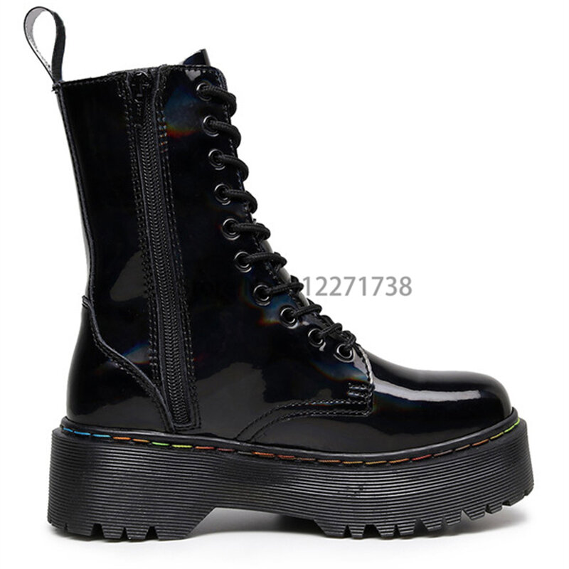 Botas de media caña con cordones y cremallera para Mujer, zapatos de tacón con plataforma reflectante, color negro, gótico, Punk, 2022