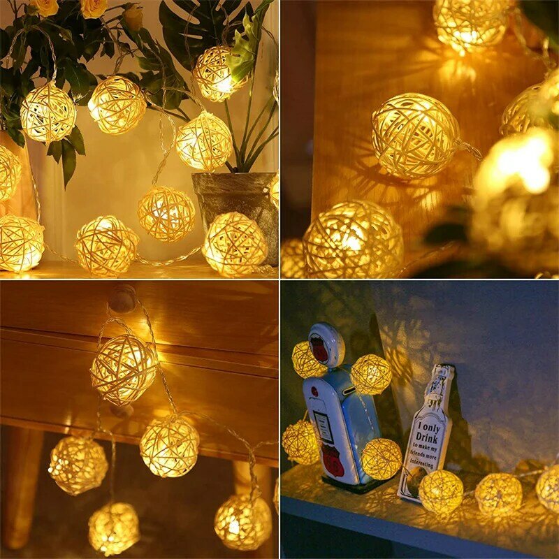 Guirnalda de luces de bola de ratán para interiores y exteriores, iluminación blanca cálida para decoración de hadas navideña, habitación, fiesta, Sepak Takraw