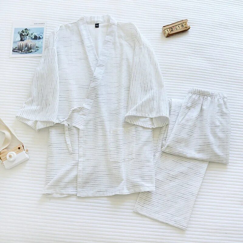 Conjunto de pijamas de primavera/verano para hombre, conjunto de Kimono de algodón Jacquard, pantalones a rayas japonesas, Pijama transpirable Simple de dos piezas
