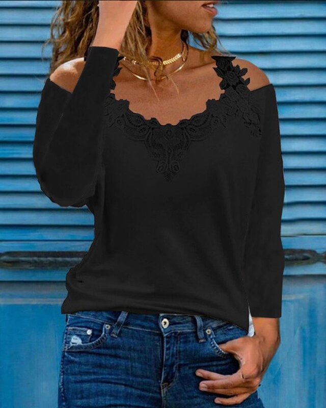 2023 Women Fashion S-3XL Pink T-Shirt Casual Blouses Lace Stitching Cold Shoulder Long Sleeves Spring and Autumn Tops