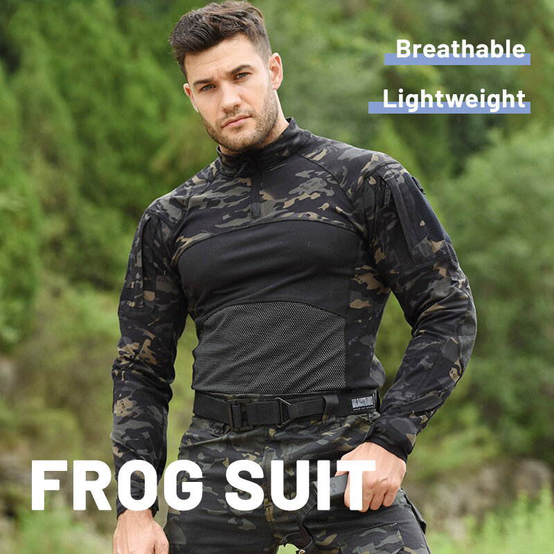 เสื้อแขนยาวผู้ชายยุทธวิธีเสื้อเดินป่า Multicam กบการฝึกอบรมเสื้อผ้าฤดูหนาว Camouflage Airsoft ขี่จักรยานเ...