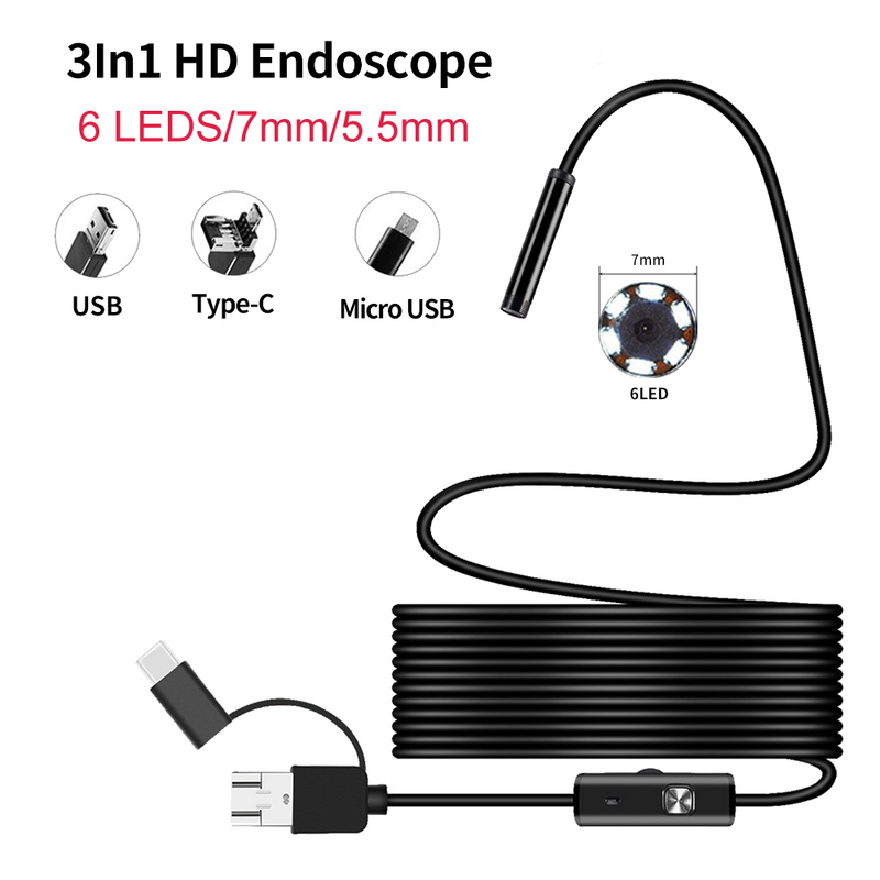 7MM Android Endoscope 3ใน1 USB/Micro USB/Type-C กล้องตรวจสอบ Borescope กันน้ำสำหรับสมาร์ทโฟน OTG และ UVC PC