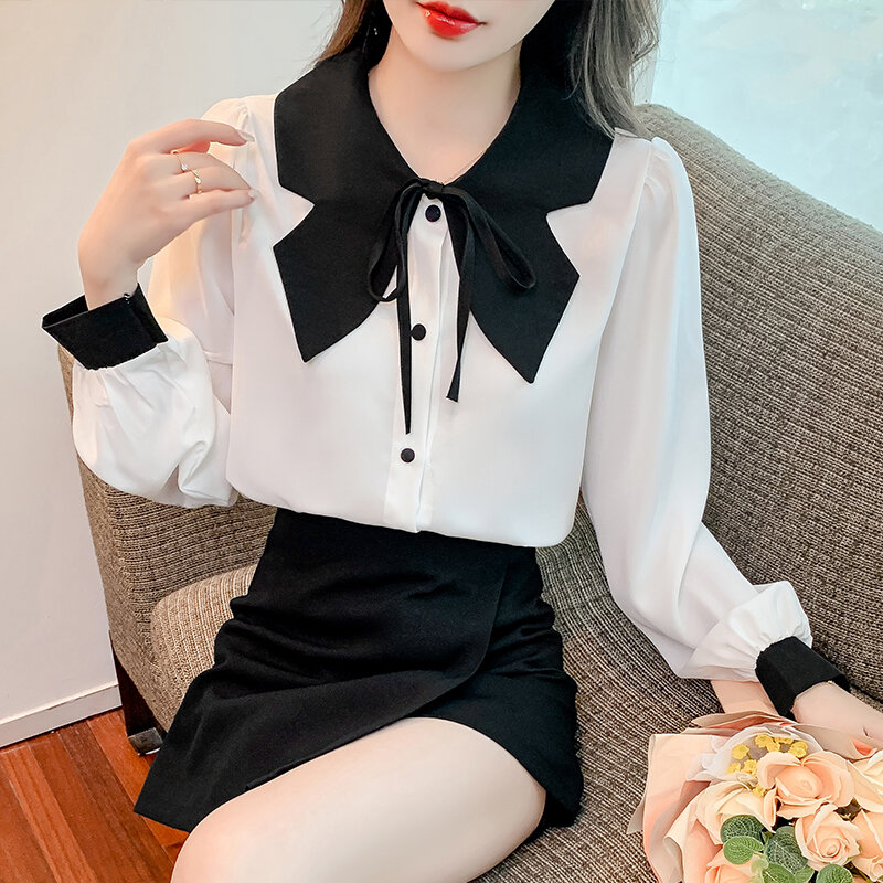 女性用の白いシャツ,韓国のファッション,長袖のシフォンボタン付きルーズブラウス,598e