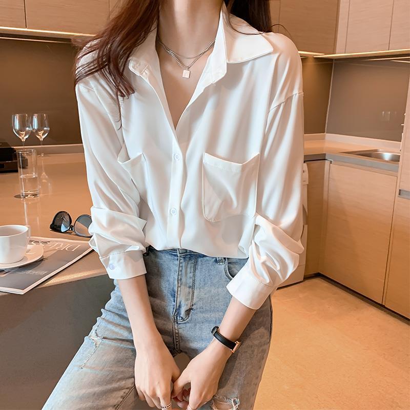 Blusa blanca de un solo pecho con doble bolsillo para mujer, camisa clásica de manga larga con cuello tipo Polo, a la moda, combina con todo, oficina profesional, nueva