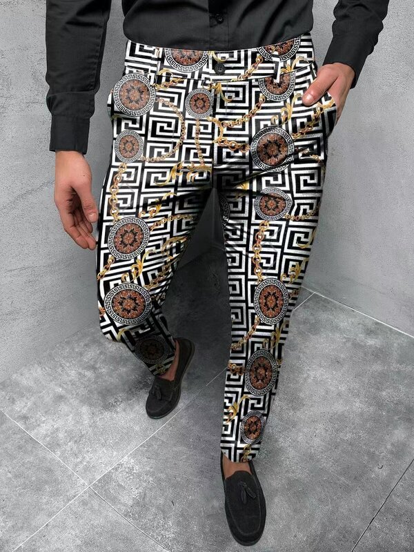 2022 New Fashion Men's Geometric Printed Pencil Pants For Mid Waist Button Trousers Male Formal Summer Skinny Long Trousers