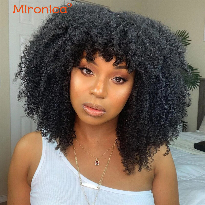 Afro kinky jerry encaracolado não frente do laço perucas de cabelo humano completo máquina feita 100% perucas de cabelo humano com franja para mulher preto natural