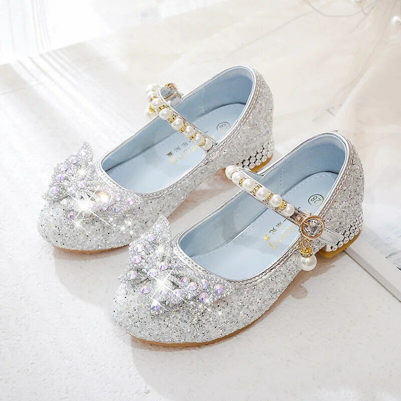 Princess Kids Leather Shoes for Girls Casual Glitter Children High Heel Girls Shoes Butterfly Knot Dance Dress Party Shoes 25-39