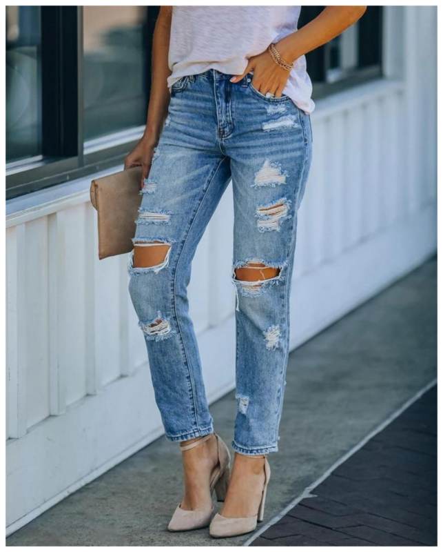 Streetwear Celana Lurus Jeans Wanita Celana Kaki Lebar Longgar Pinggang Tinggi Robek Y2k Musim Panas Jeans High Street Ukuran Plus