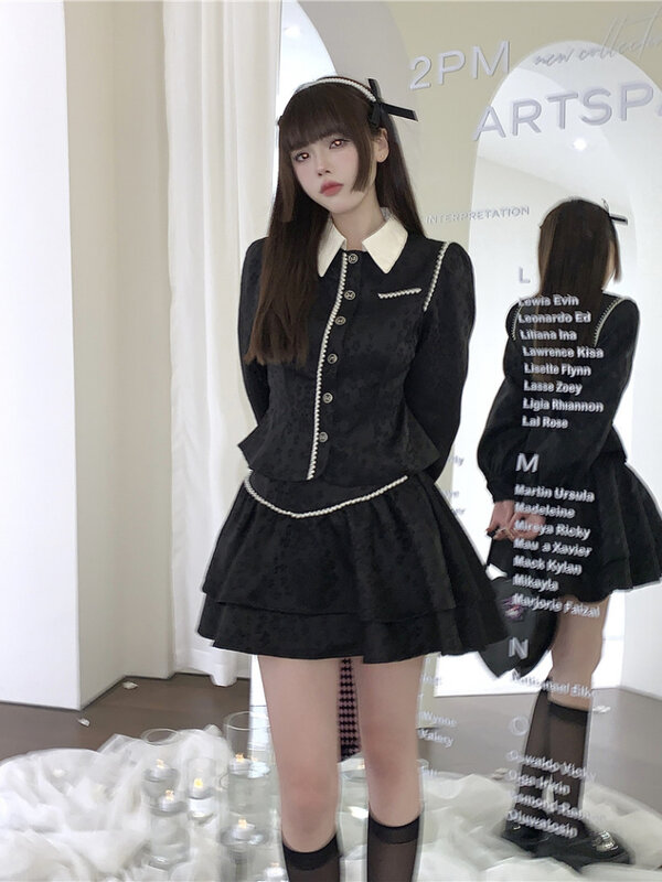 Traje de Falda plisada corta de cintura negra para chica hermosa, traje de estilo coreano con cuello levantado, traje de botonadura única 2022