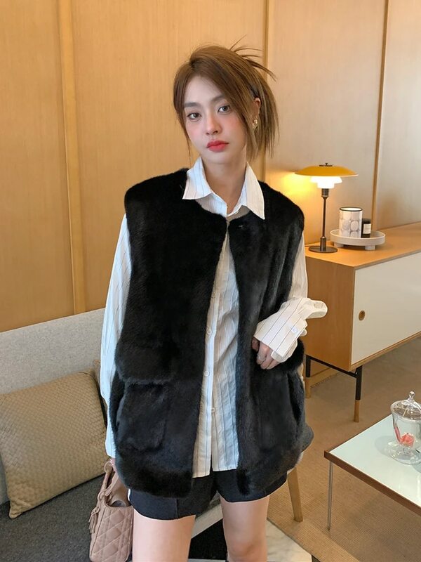 HDHOHR 2022 High Quality Real Mink Fur Vast Full Pelt Fur Coats Fashion Natural Mink Fur Jackets Winter Female Fur Warm Vast