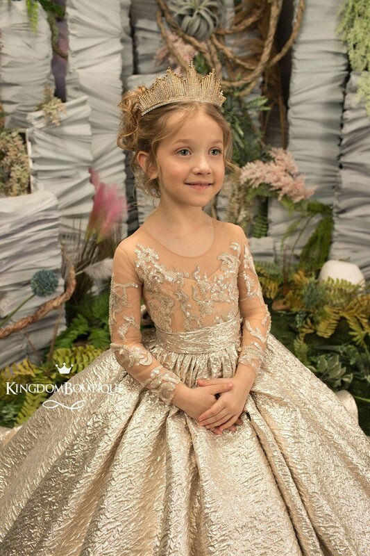 FATAPAESE Gold Flower Girl Dress Princess Illusion Sleeve with Bow Buttons Luscious Skirt Birthday Wedding Party Kids Bridesmaid