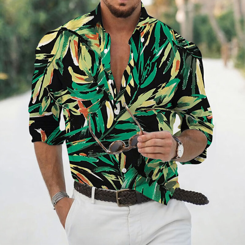 Camiseta informal con estampado digital floreale, moda uomo risvolto, blusa informal, manica, lunga, S-3XL