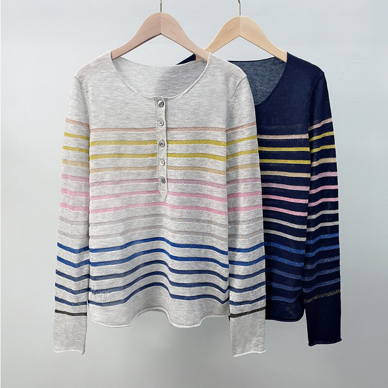 Women StripesKnit Wool Thin Sweater 2022 new O-neck Long Sleeve fashion Ladies Jumper