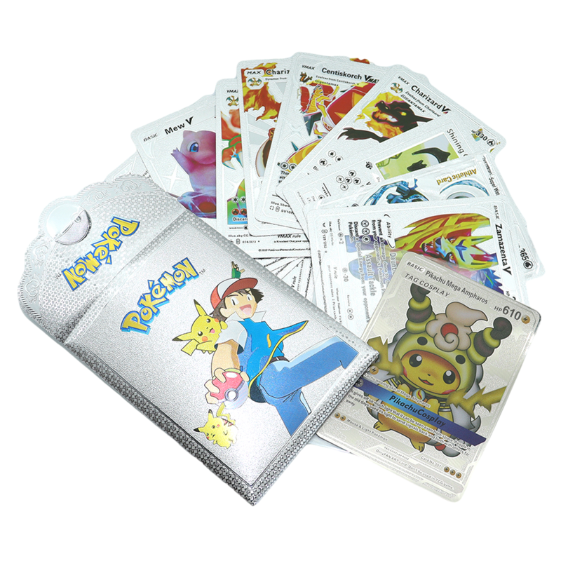 Pokemon Spanish English cards Charizard Pikachu Collection Battle Trainer 1 Metal + 10 Gold Silver Card Box Imitation Gift Toys