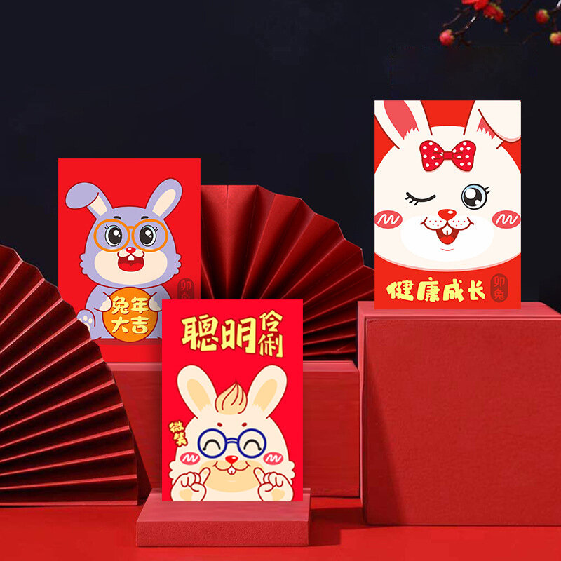 Bolsa de embalaje de dinero para niños, 6 piezas, conejo chino, Festival del año, Hongbao, bronceado, sobre rojo de dibujos animados, regalo para niños