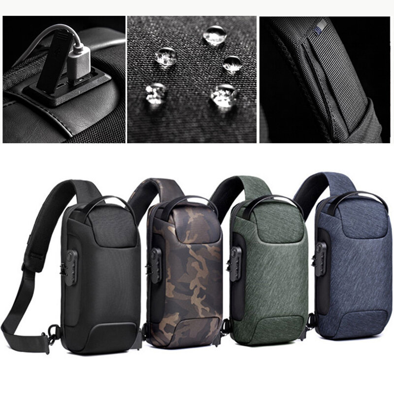 男性用防水USBクロスオーバーバッグ,盗難防止ショルダーストラップ,多機能カジュアル,旅行,チェストパック