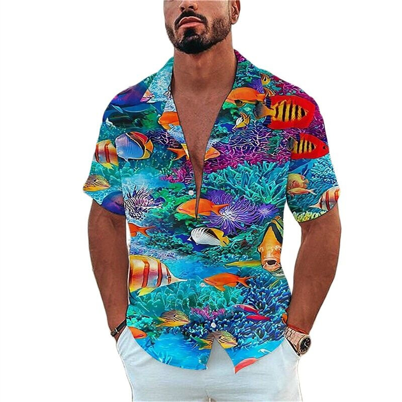 Camisa dos homens vida marinha impressão Tees Praia férias estilo havaiano camisa moda lapela single-breasted lazer manga curta Tops