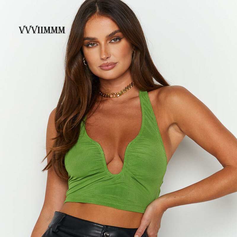 Traf 2022 Summer New Sexy Slim V-neck Tank Top Open Back Strap Neck Tank Top Party Outfits for Women Crop Woman Y2k Clothes Tops