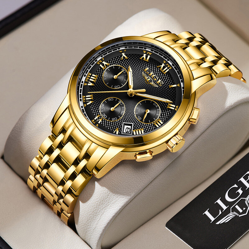 LIGE-남성용 시계, 골드 다이얼 스테인레스 스틸 밴드 날짜 표시, 남성용 비즈니스 남성 시계, 방수 럭셔리 남성용 손목 시계
