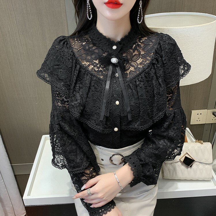2022 New Spring Sweet Ruffles camicetta di pizzo colletto alla coreana da donna manica lunga elegante fiocco Vintage Fashion Office OL camicia Casual
