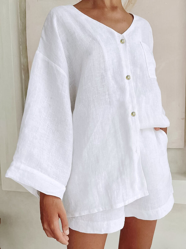 Пижамный комплект Hiloc женский хлопковый, одежда для сна с карманами и V-образным вырезом, однобортная ночная рубашка, однотонная одежда для д...