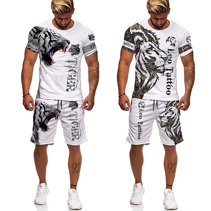 3d impresso tigre masculino camiseta define moda manga curta leão treino/topos/shorts o-pescoço lazer verão fresco masculino praia terno