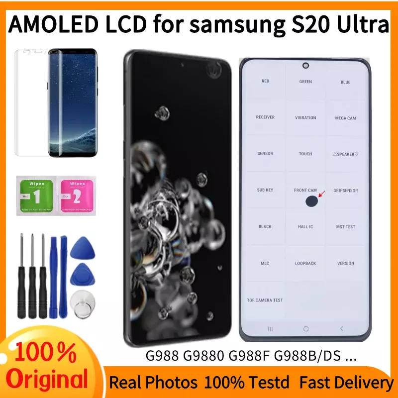 LCD G988B/DS AMOLED 6.9 "Asli untuk Samsung Galaxy S20 Ultra 5G LCD Layar Sentuh Digitizer G988W G988U Layar Tanpa Bingkai Rakitan