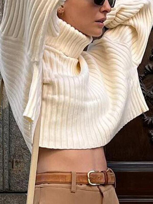 여성 패션 터틀넥 크롭탑 스웨터, 단색 루즈핏 풀오버 크롭탑, 가을/겨울용 니트 스웨터