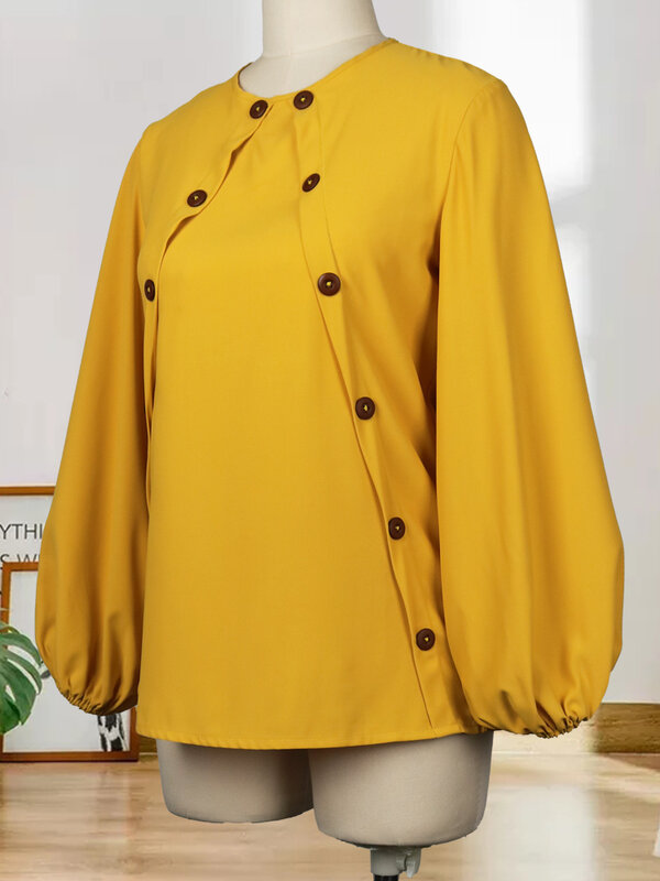 Женский комплект из юбки и топа, желтая блузка с длинными рукавами-фонариками и декоративными пуговицами, офисная одежда для работы на осен...