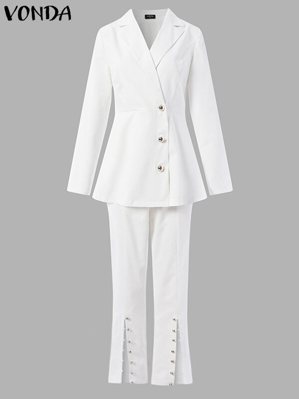 VONDA-traje liso De manga larga para Mujer, conjunto De 2 piezas De Ropa De Mujer, chaquetas De oficina, abrigos formales, pantalones largos divididos
