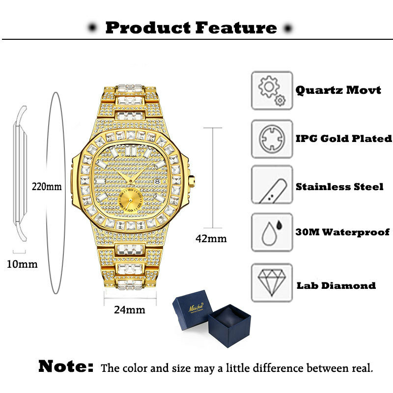 MISSFOX Luxus Männer Uhr Gold 18K Modell Voll Gepflastert Baguette Diamant Herren Quarz Uhren Wasserdicht Kalender Männlichen Uhr Stunden