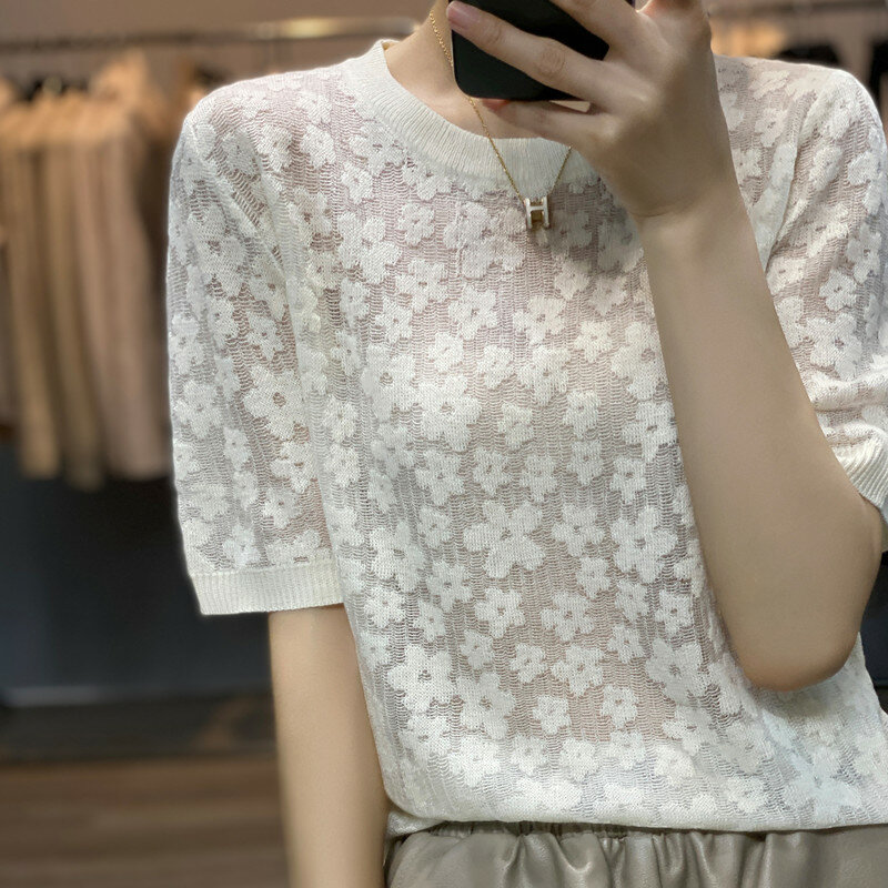 2022 verão nova camisola feminina pulôver de manga curta gancho flor oco ligeiramente transparente solto jacquard francês lã sweate