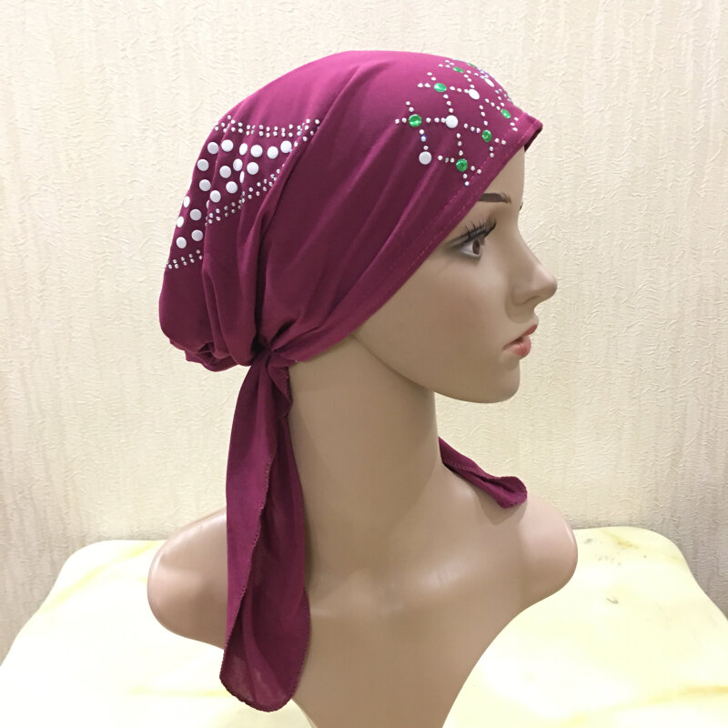H089 high quality muslim hats with colored sequins pull on islamic scarf turban hijab with elastic band