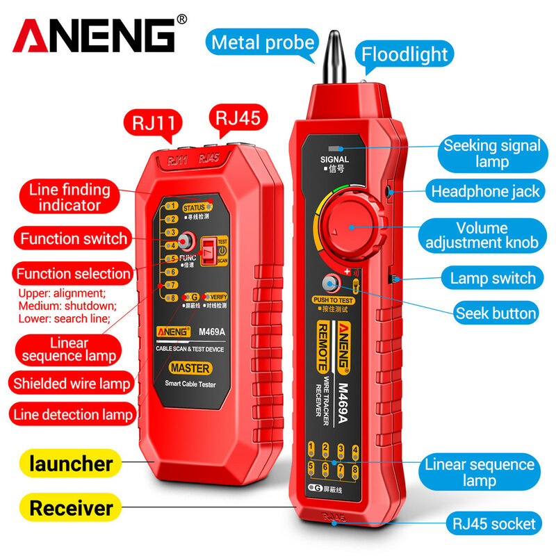 ANENG M469A Smart Network Cable Tester RJ45 RJ11 LAN Cable Tester Finder Wire Tracker Receiver Networking Tool Network Repair