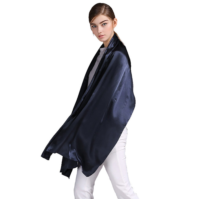 Bufanda larga de seda 100% satinada, pañuelo de seda de morera pura de Color liso, tienda en línea directa de fábrica, Color azul oscuro, 55x180cm