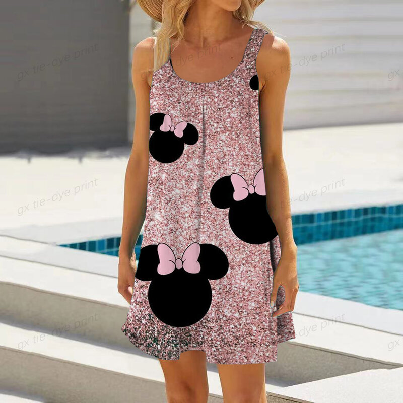 Disney minnie mickey mouse 2000s kawaii estética em torno do pescoço sem mangas estilingue floral impressão verão vestido feminino praia estilingue femme