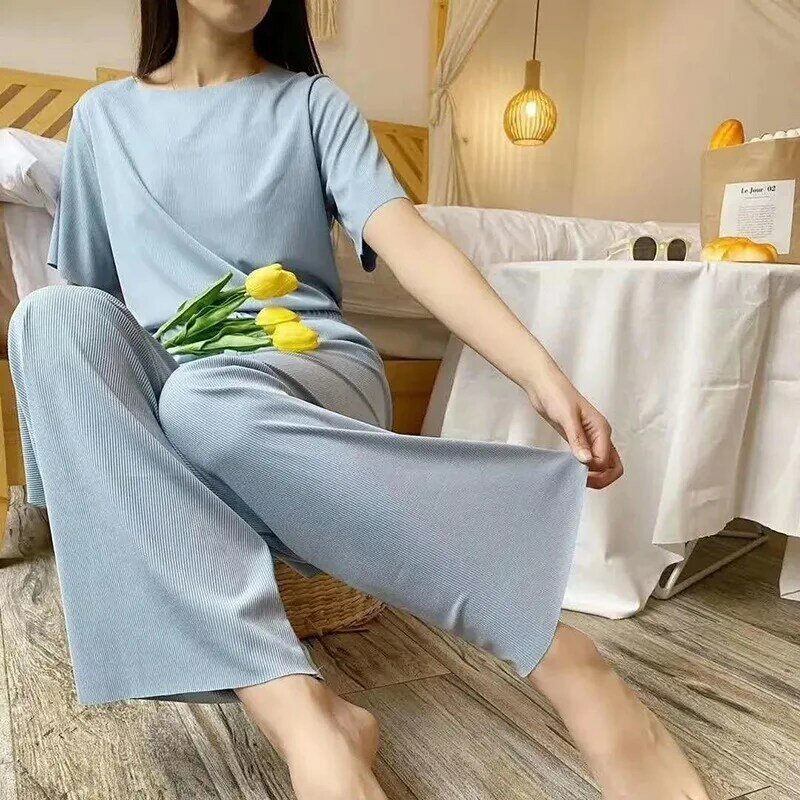Feminino roupas de casa confortável elegante verão luxo seda manga curta duas peças conjunto roupas plus size pijamas para mulher conjuntos