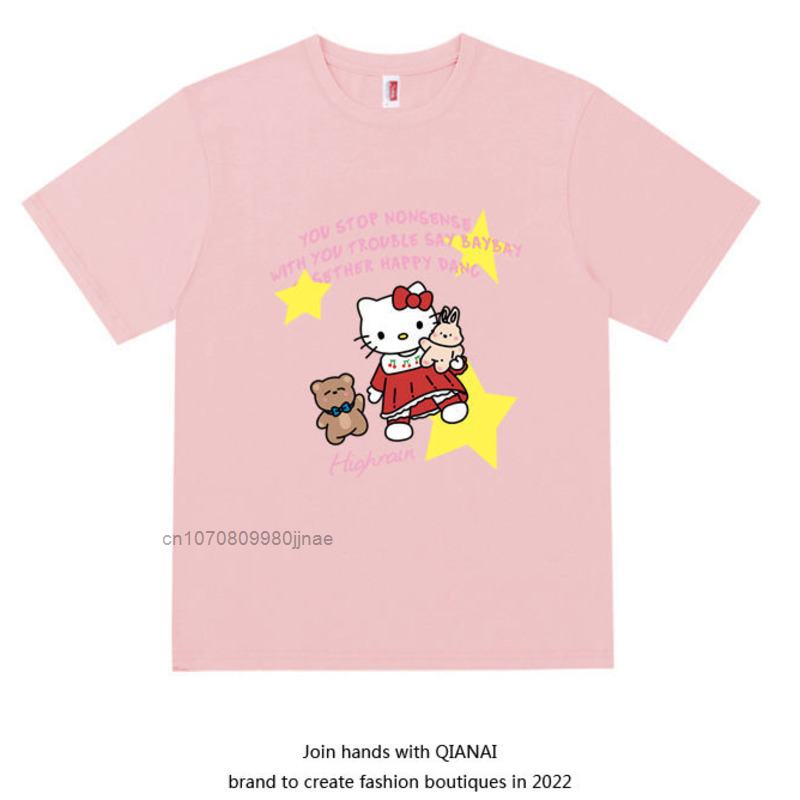 Qianai-순수 코튼 반팔 티셔츠, 여성 ins 여름 2020 신제품 헬로키티 프린트 라운드 넥 티셔츠 상의, 여성용
