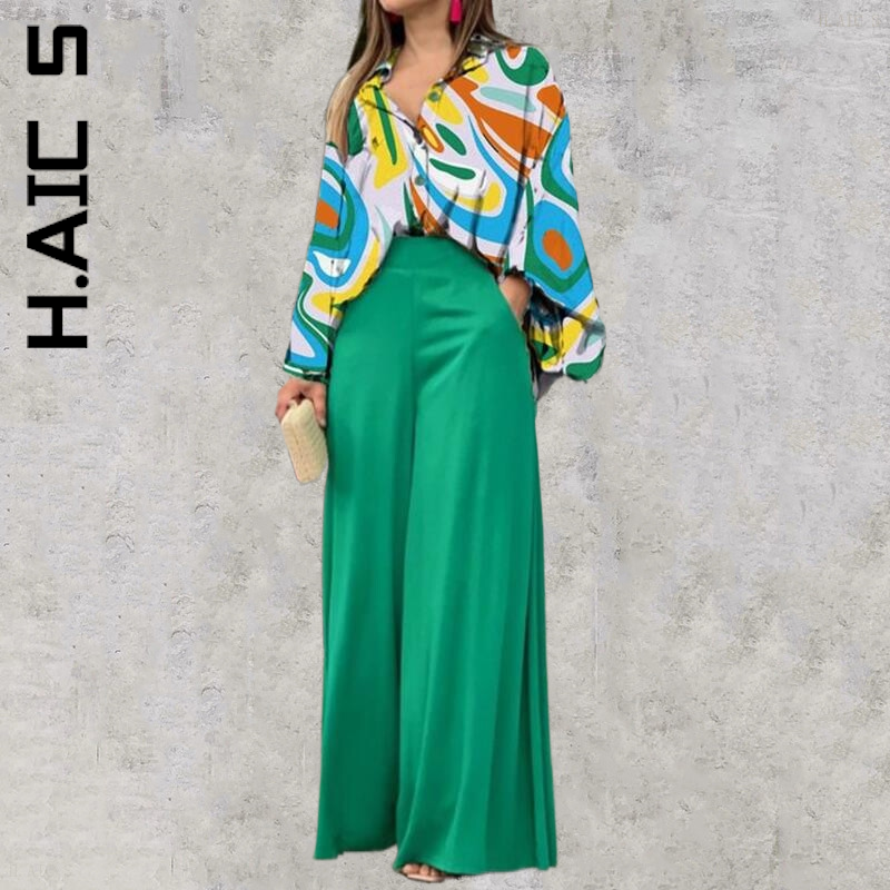 H.Aic-Conjunto elegante de dos piezas para mujer, Tops y pantalones largos simples, manga abombada suave, traje Sexy de fiesta