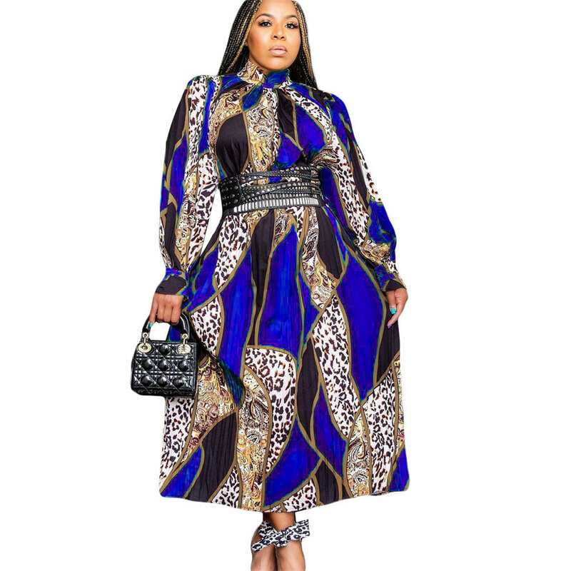 Women's Dress Turtleneck Long Sleeves Printed Pleated Big And Put On, African Mother Dress Utumn Spring New Fashion Plus Size